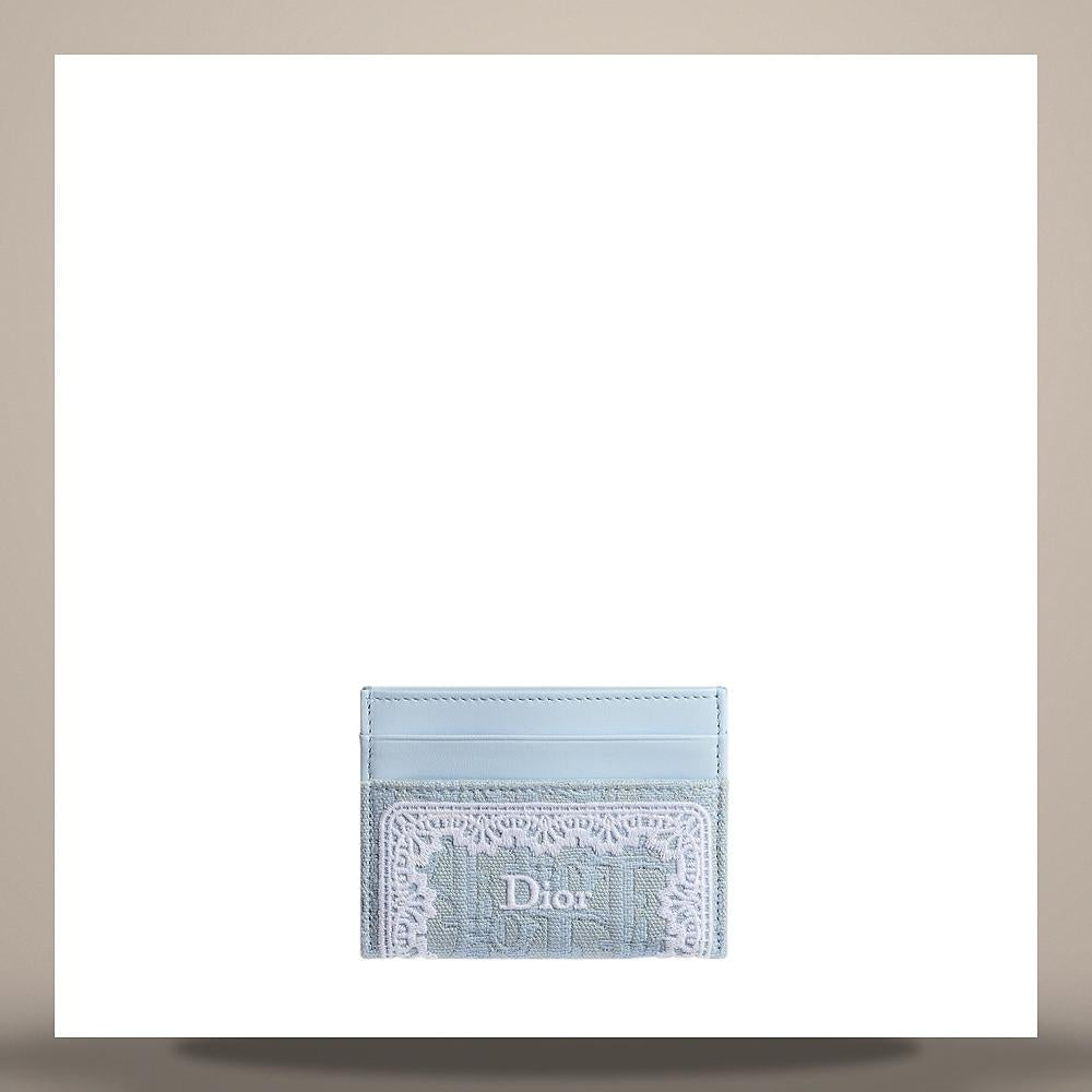DIOR Oblique Frisia Card Holder Blue Celeste White Lace Embroidery