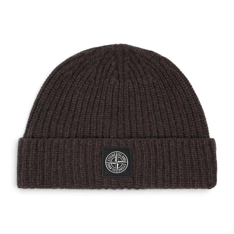 STONE ISLAND Logo Patch Beanie Black Knit Wool Men’s