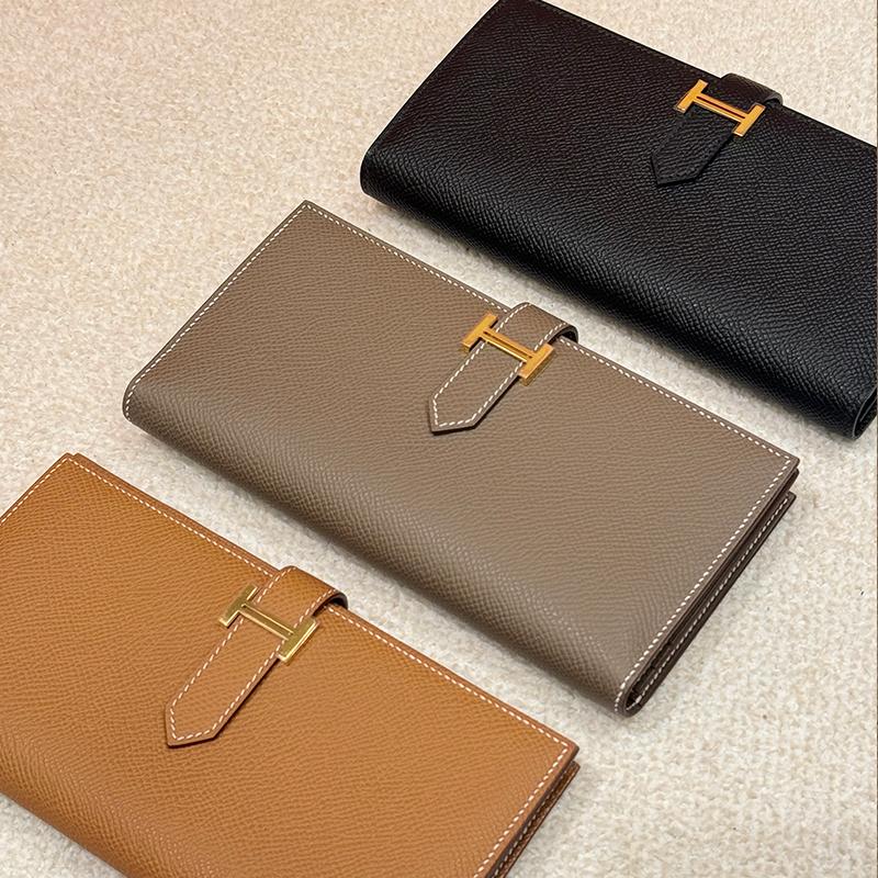 HERMES Etoupe Epsom Calfskin Béarn Long Wallet Gold Hardware