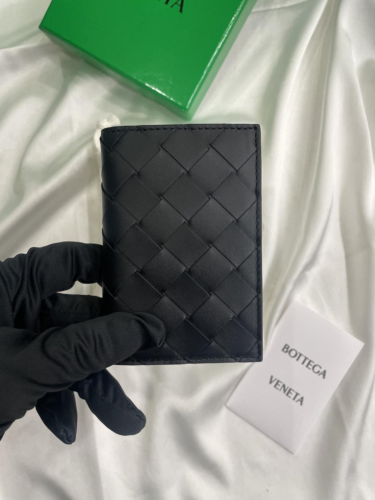 Bottega Veneta Black Intrecciato Leather Flap Card Holder Wallet 749417