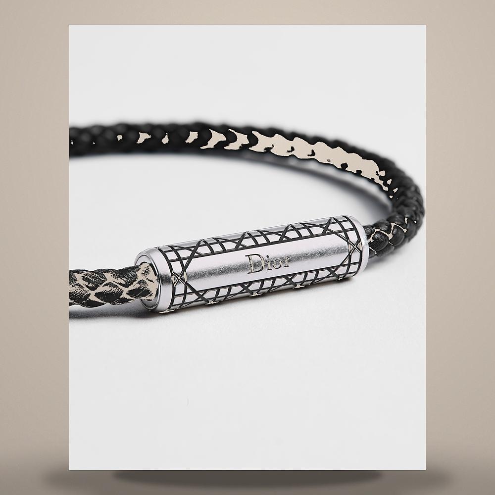 DIOR Cannage Woven Leather Bracelet Black Calfskin Silver Brass B3384HOMLE D004