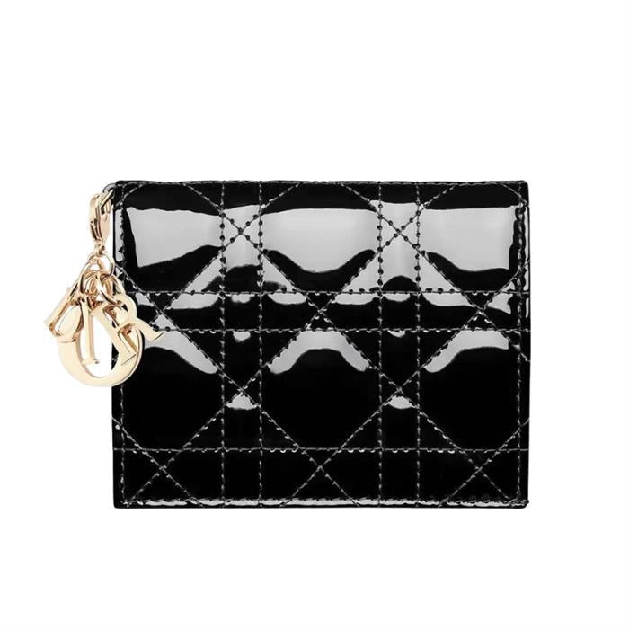 DIOR Lady Gardenia Mini Wallet Black Leather Bi-Fold