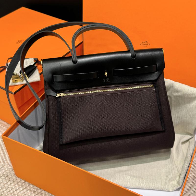 HERMES Brown Canvas Herbag 31 Shoulder Tote Bag Gold Hardware