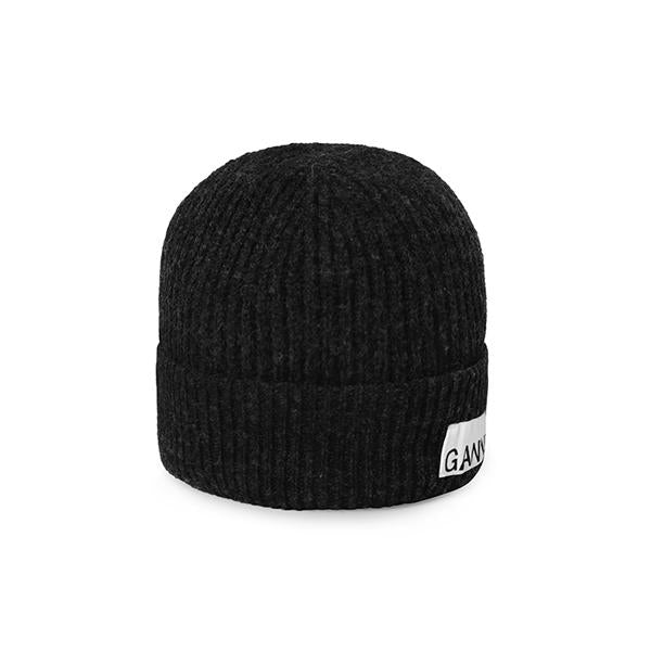 GANNI Light Structured Rib Logo Patch Wool Beanie A5369 196