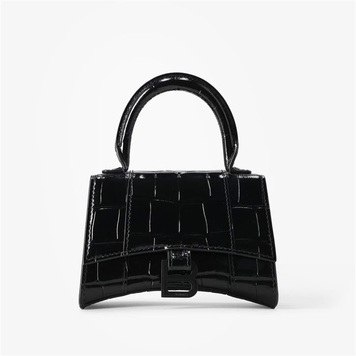 BALENCIAGA Hourglass Croc-Embossed Mini Tote Bag Black