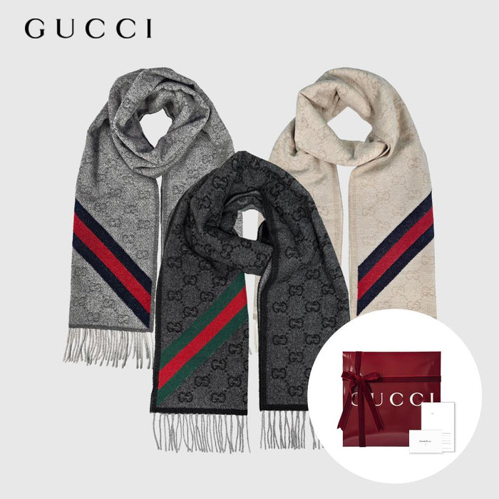 GUCCI Web Logo GG Pattern Stripe Wool Scarf
