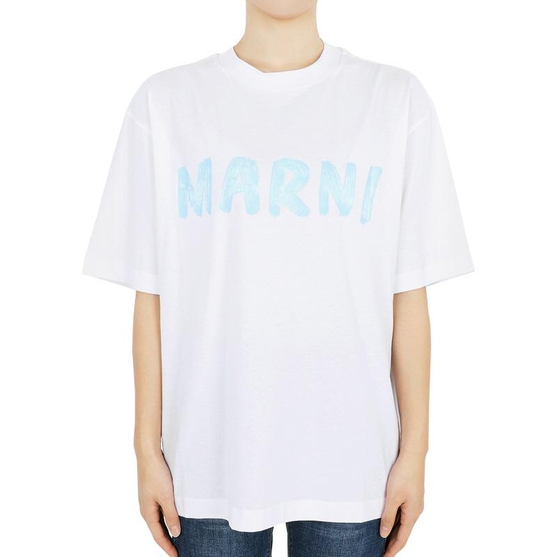 Marni Women’s Logo Stamp Cotton Short Sleeve T-Shirt White Blue