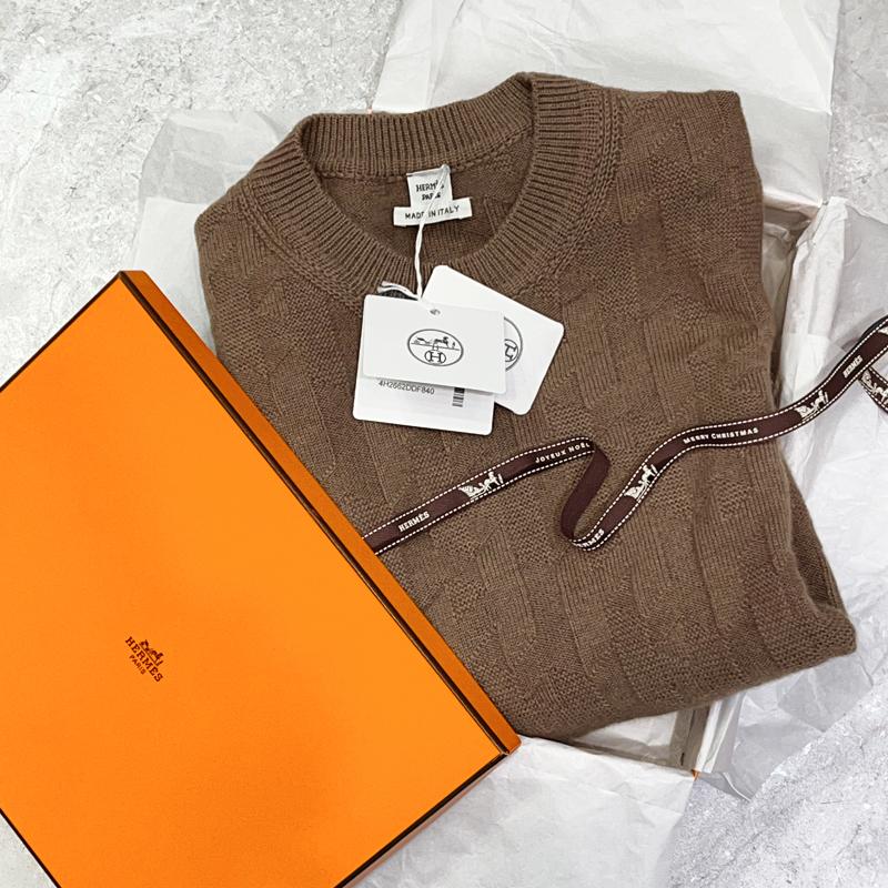 HERMES H Logo Long Sleeve Wool Crewneck Sweater Etoupe