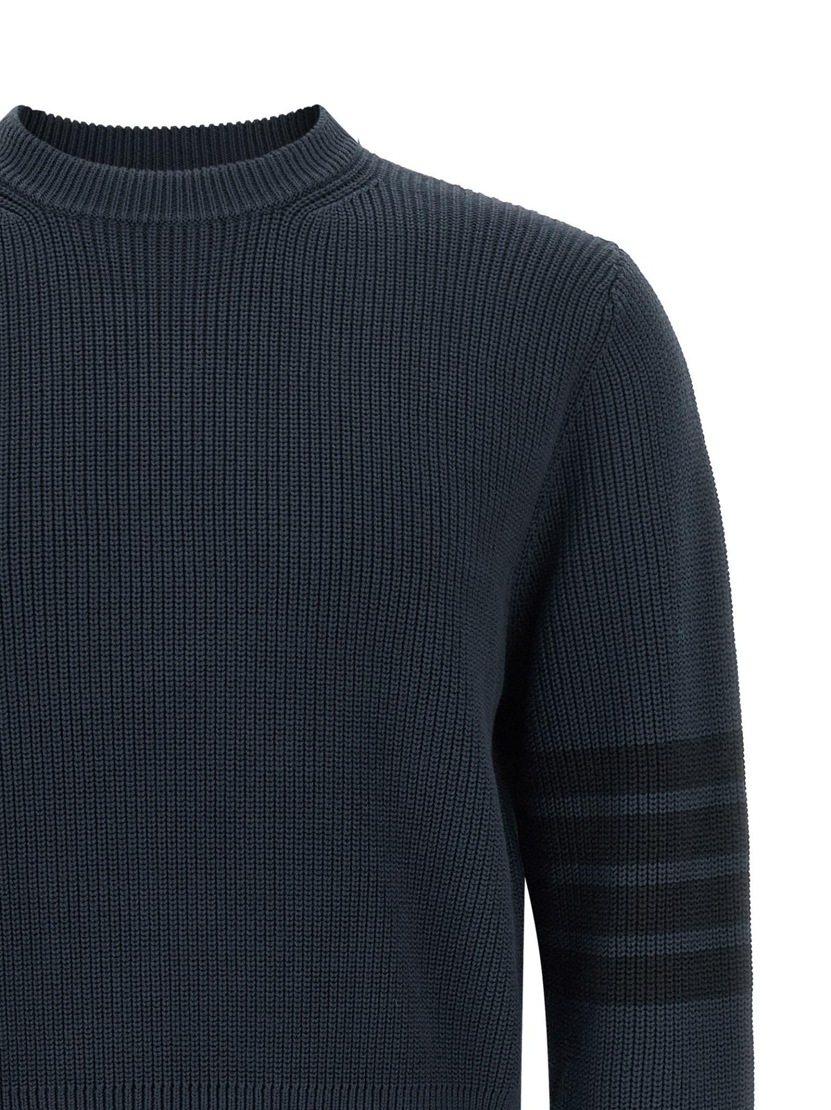THOM BROWNE Navy Wool Round Neck Knit Sweater for Men
