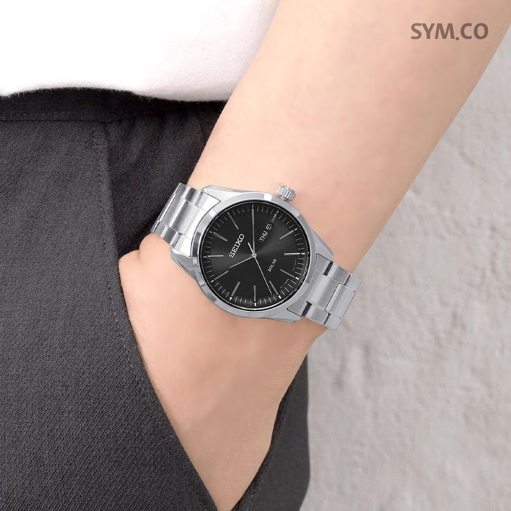 Seiko Solar Powered Silver Black Men’s Stainless Steel Watch SNE527 P1