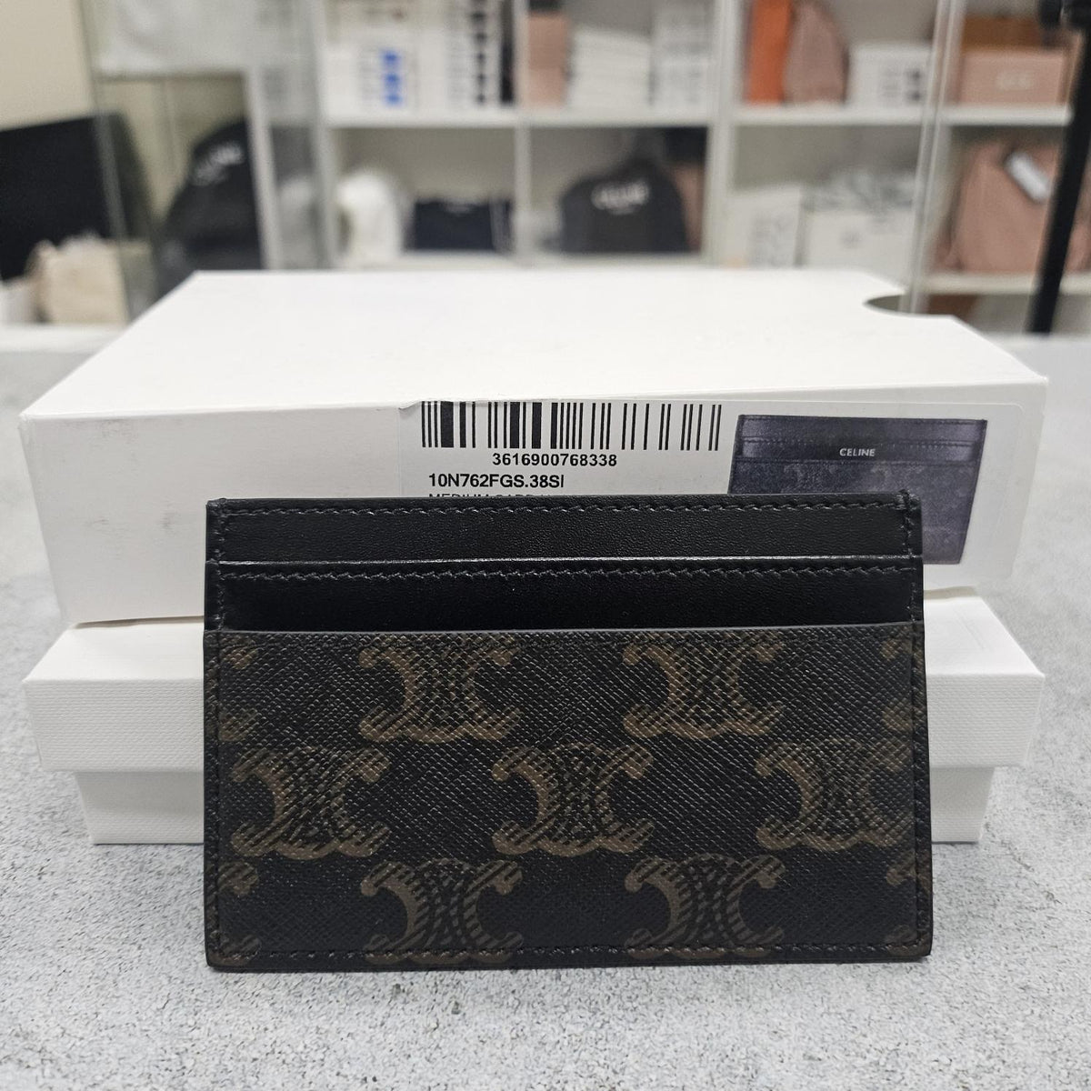 CELINE Unisex Medium Triomphe Canvas Calfskin Card Holder Black