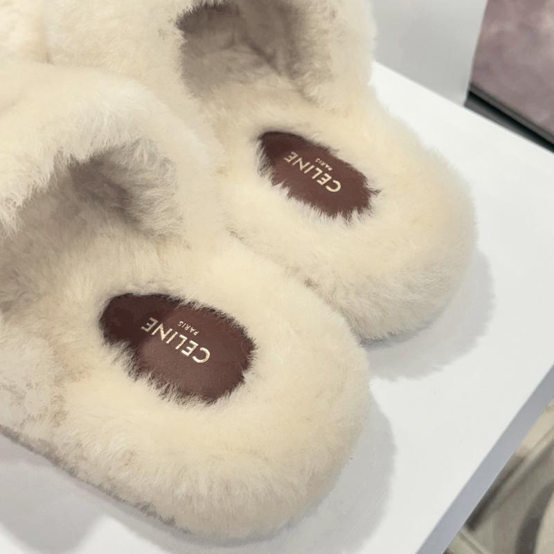 CELINE Triomphe Shearling Fur Slide Sandals Ivory Women