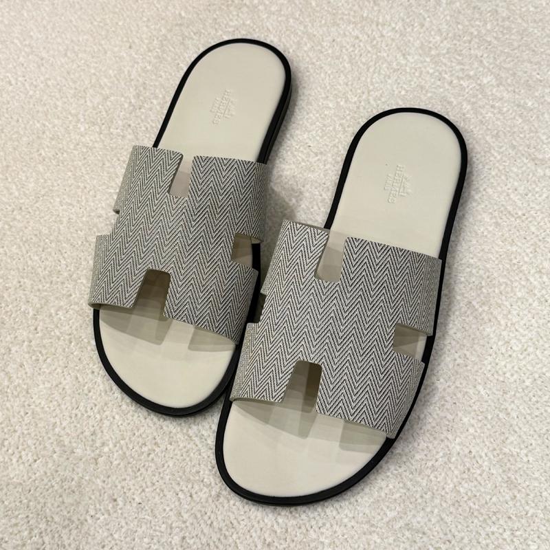 HERMES Izmir Sandals White Herringbone Calfskin Men's Slippers