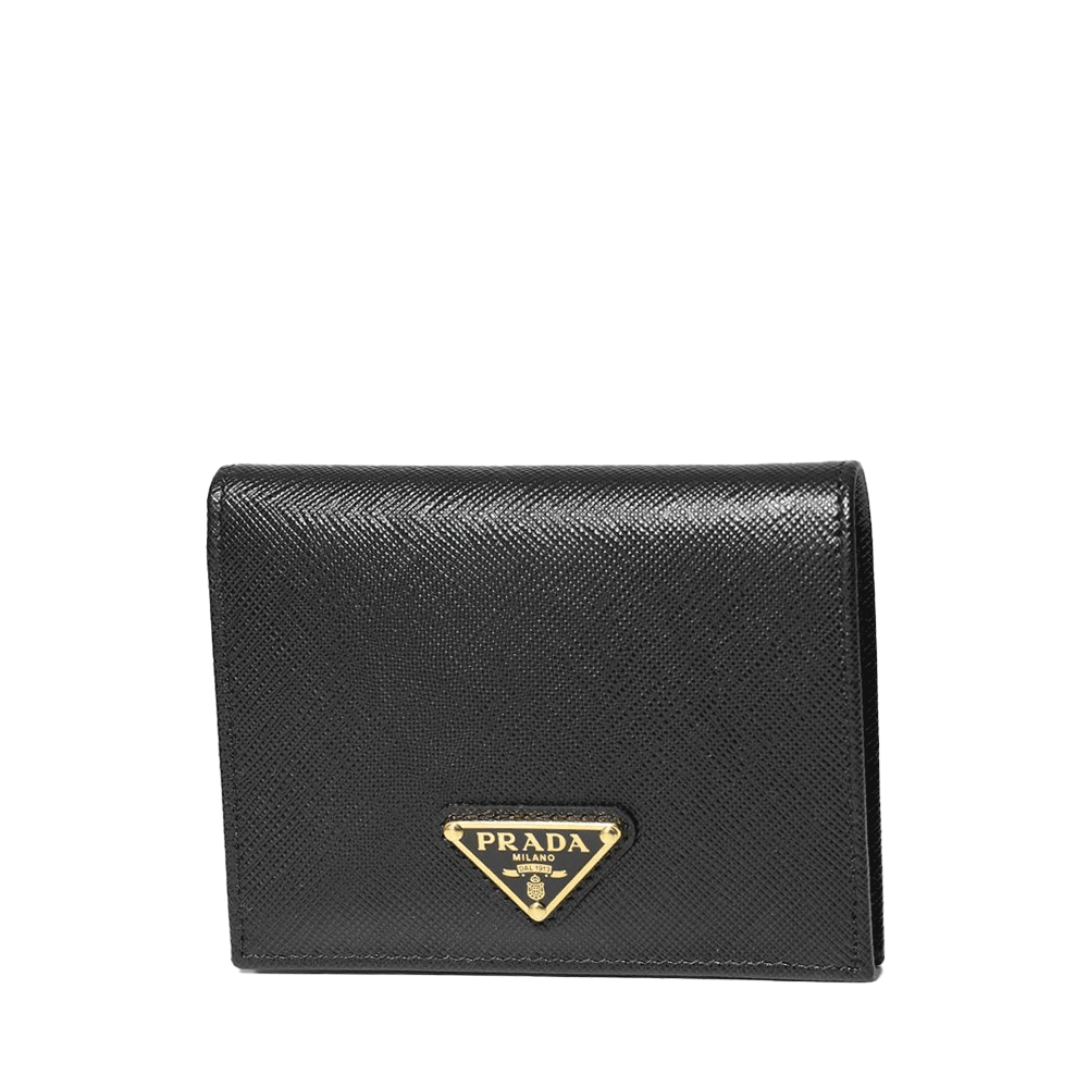 PRADA Black Saffiano Leather Triangular Logo Gold-Tone Women’s Bifold 1MV204 QHH
