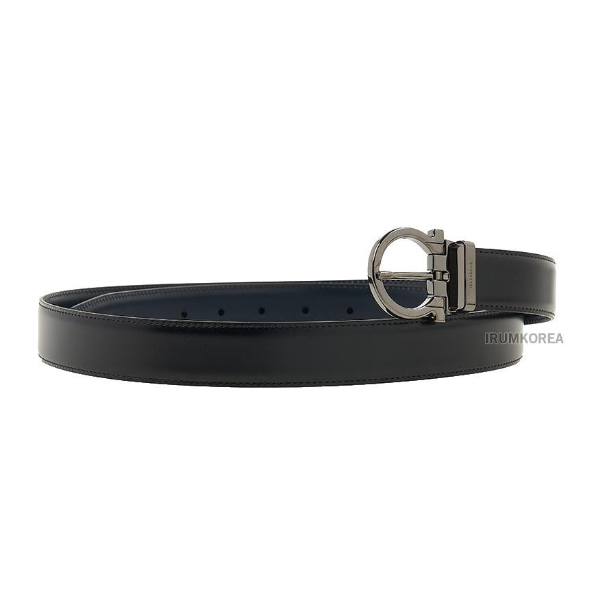 Ferragamo Men’s Reversible Gancini Leather Belt Black/Navy