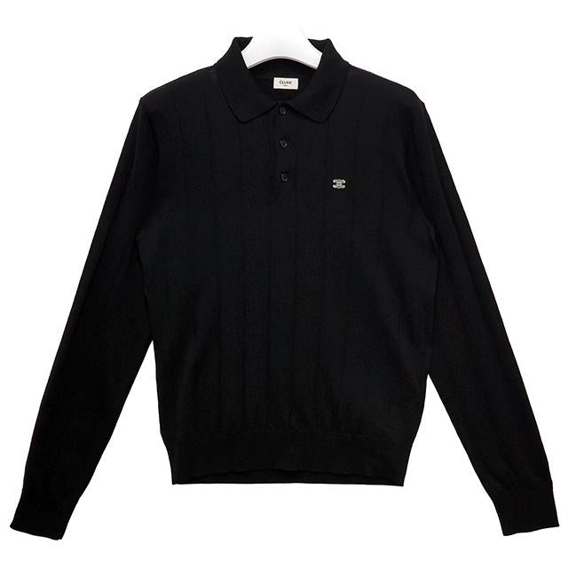CELINE Triomphe Embroidered Ribbed Long Sleeve Polo Shirt Black