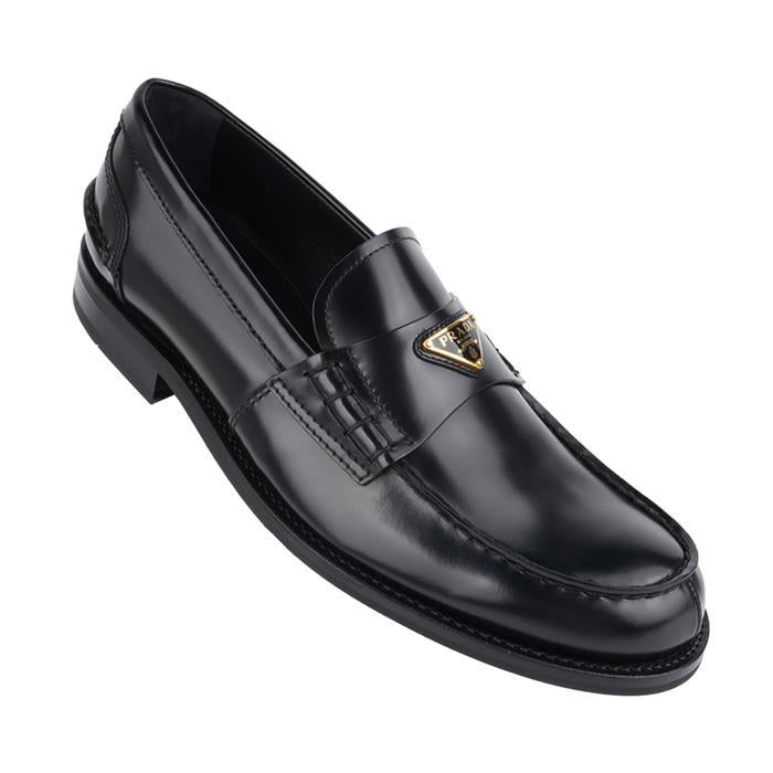 PRADA Brushed Leather Loafers Black Triangle Logo Men's Shoes
