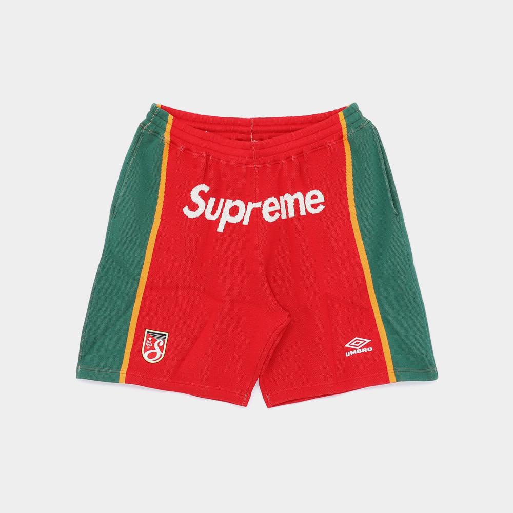 Supreme Embroidered Logo Umbro Knit Soccer Shorts Red Men’s SS25 SH24