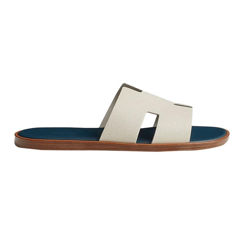 HERMES Izmir Sandals Calfskin Epsom White Navy Men's Slides