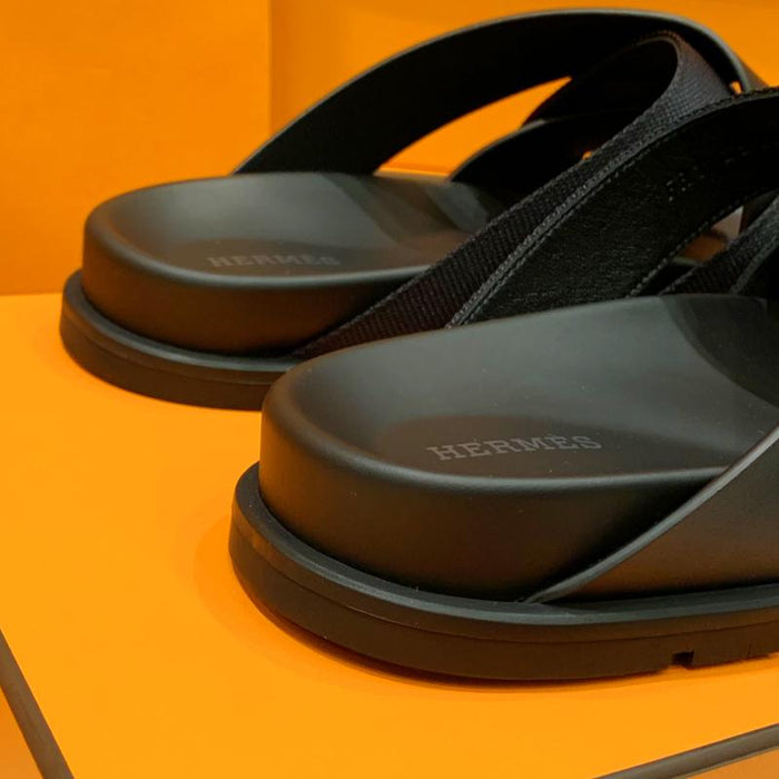 HERMES Men’s Suede Calfskin Casimir Sandals Black