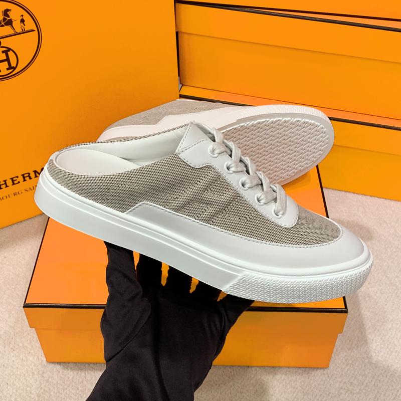 HERMES Canvas Calfskin Keep Sneaker Mules White Beige