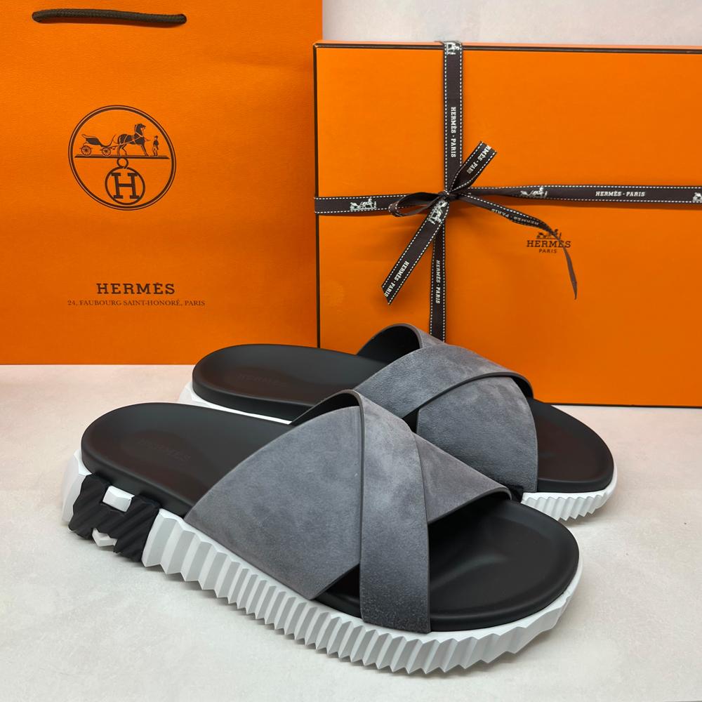 HERMES Men’s Infra Sandals Suede Calfskin Gray H Black Slippers