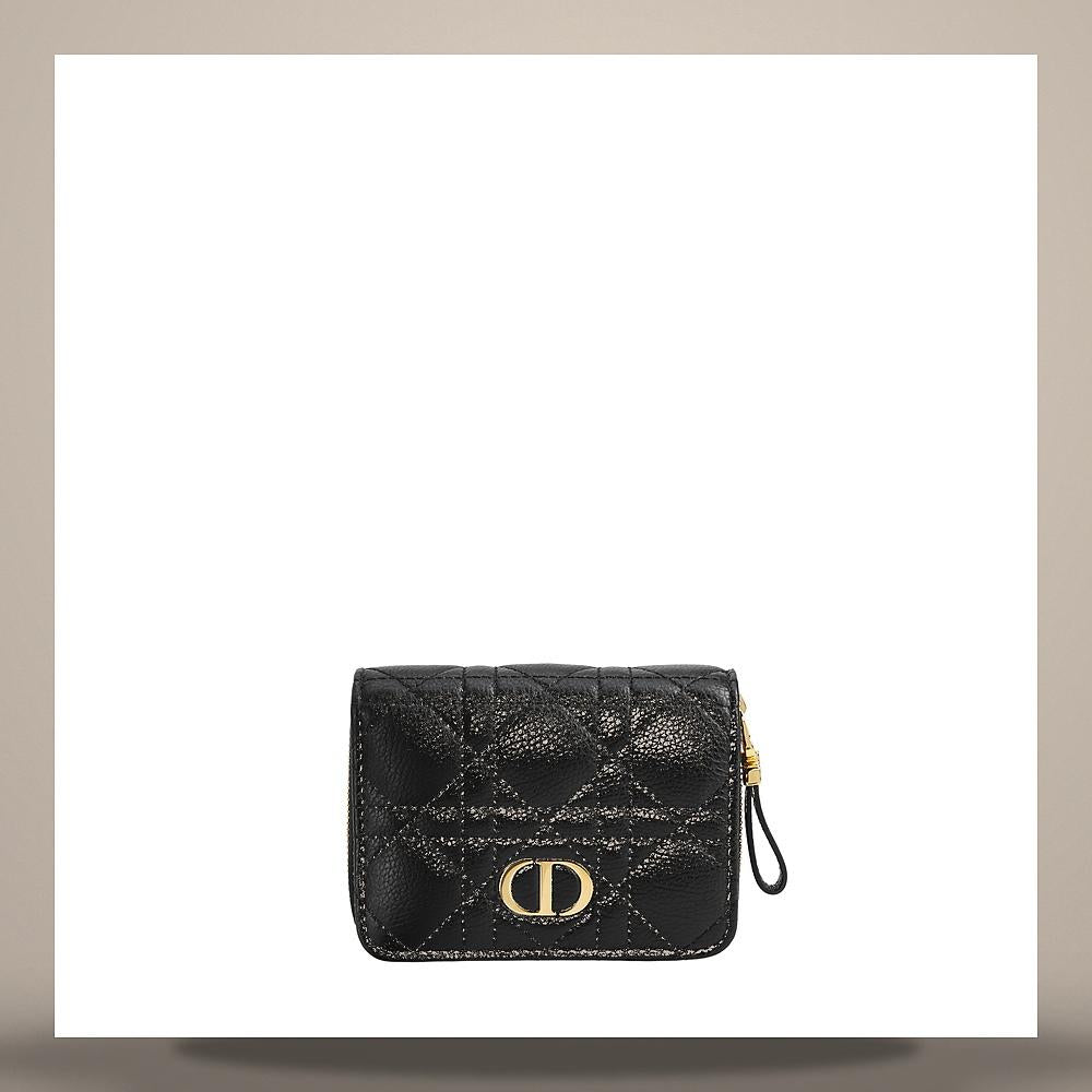 DIOR Black Cannage Calfskin Dior Caro Compact Card Holder Wallet