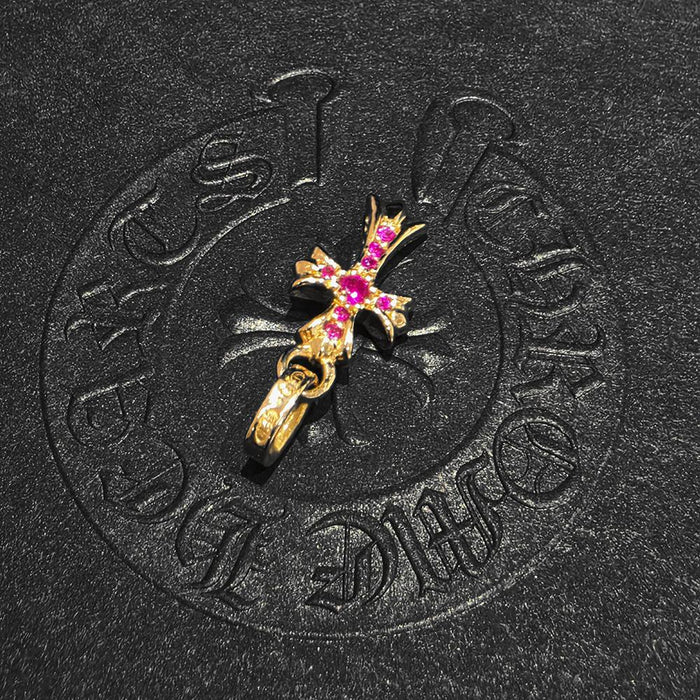 Chrome Hearts 22K Gold Baby Fat Pink Ruby Pendant Charm Necklace