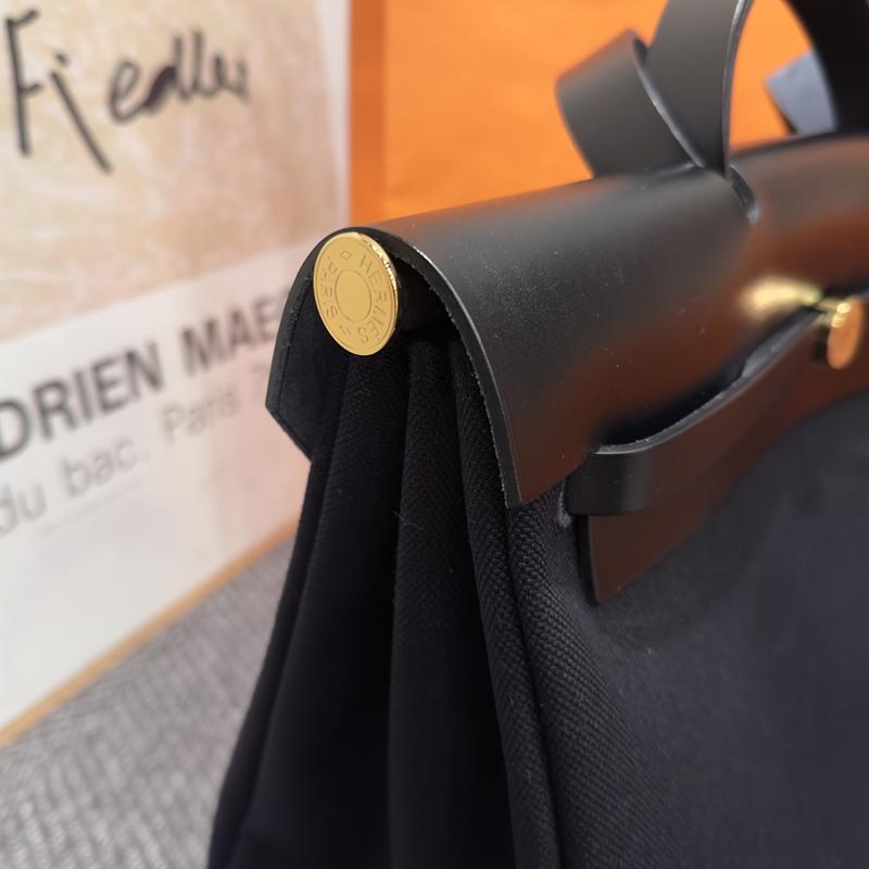 HERMES Black Canvas Herbag 39 Shoulder Tote Bag Gold Hardware