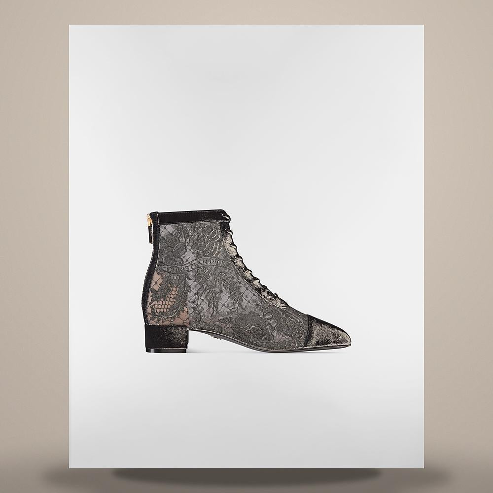 DIOR Black Mesh Ankle Boots with Dior Roses Embroidery Suede Leat KDI850ROY S900