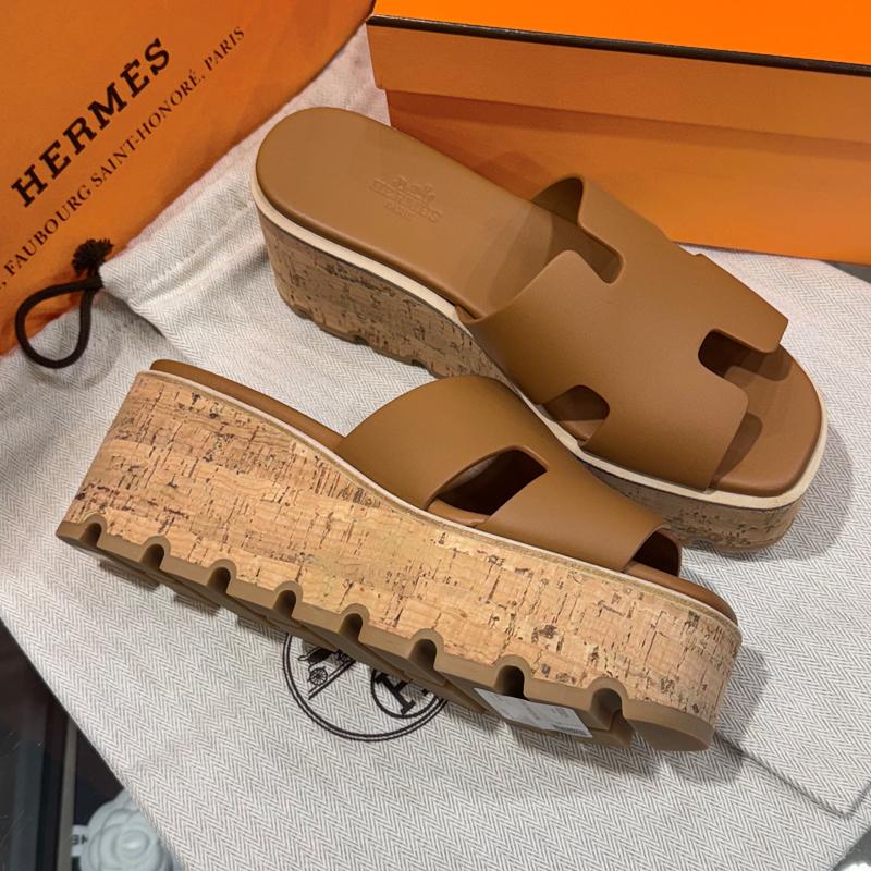 HERMES Brown Calfskin Oasis 30 Wedge Heel Shoes