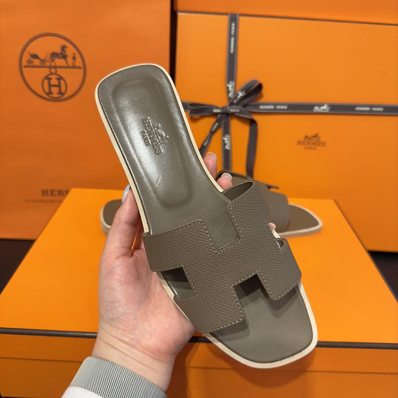 HERMES Etoupe Brown Calfskin Oran Sandals Women