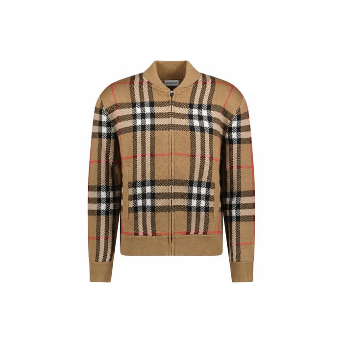 BURBERRY Morland Check Wool Knit Bomber Jacket Taupe 8121394