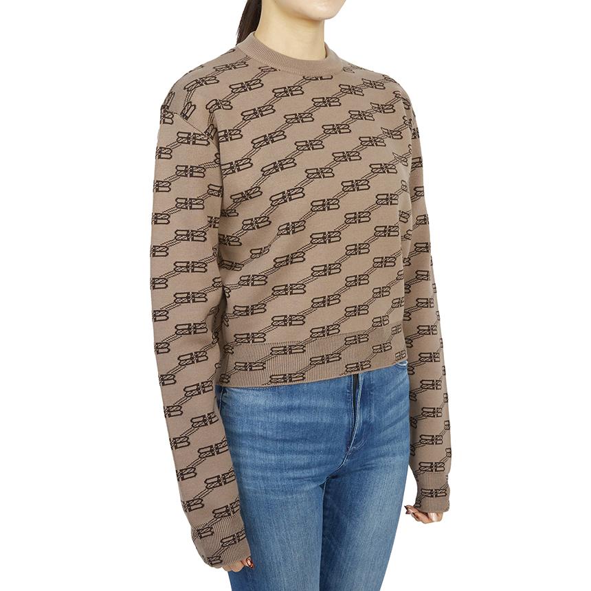 BALENCIAGA BB Wool Round Neck Knit Sweater Gray Women