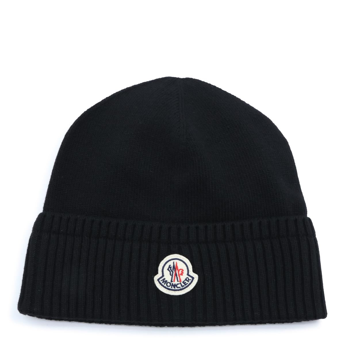 Moncler Black Wool Rib Knit Beanie Hat for Men