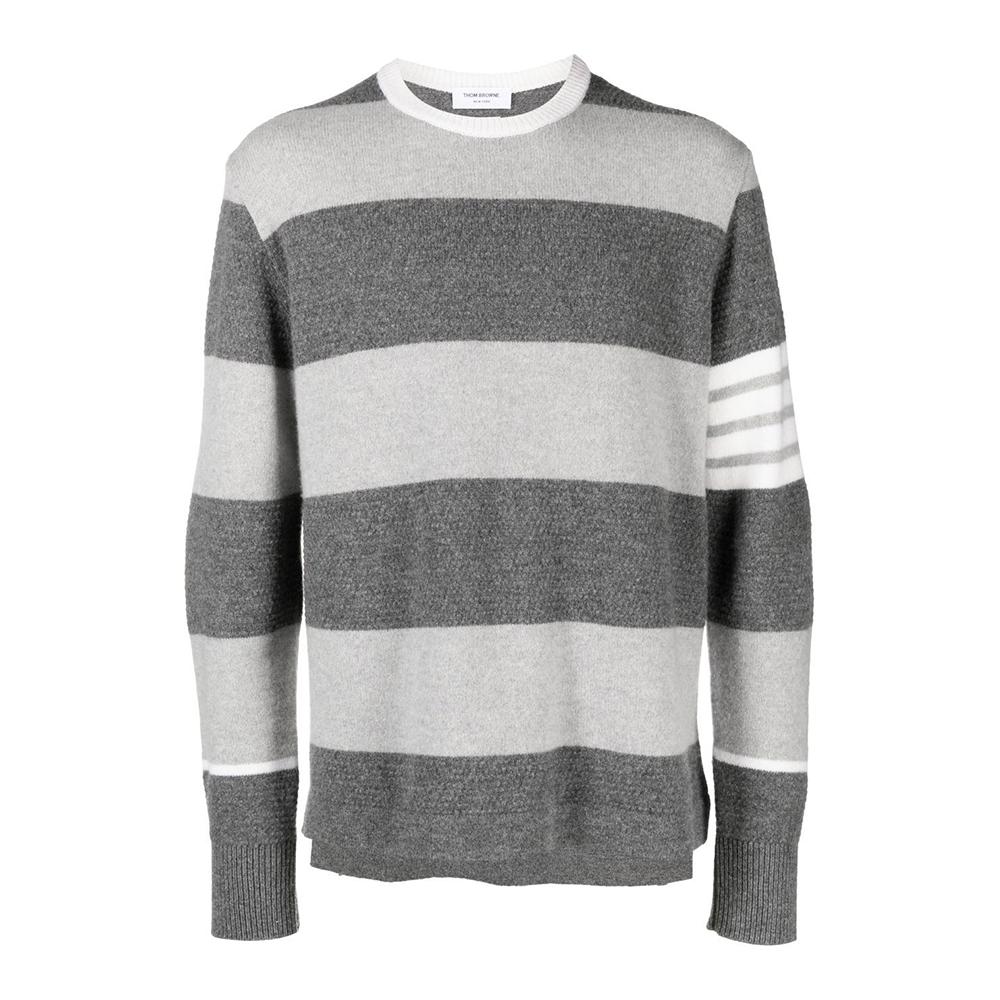 THOM BROWNE Tonal Grey 4-Bar Rugby Stripe Wool Crewneck Sweater