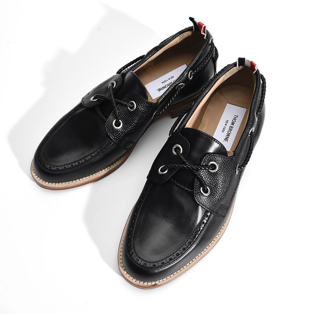 THOM BROWNE Black Vitello Calf Leather Boat Shoes Men's