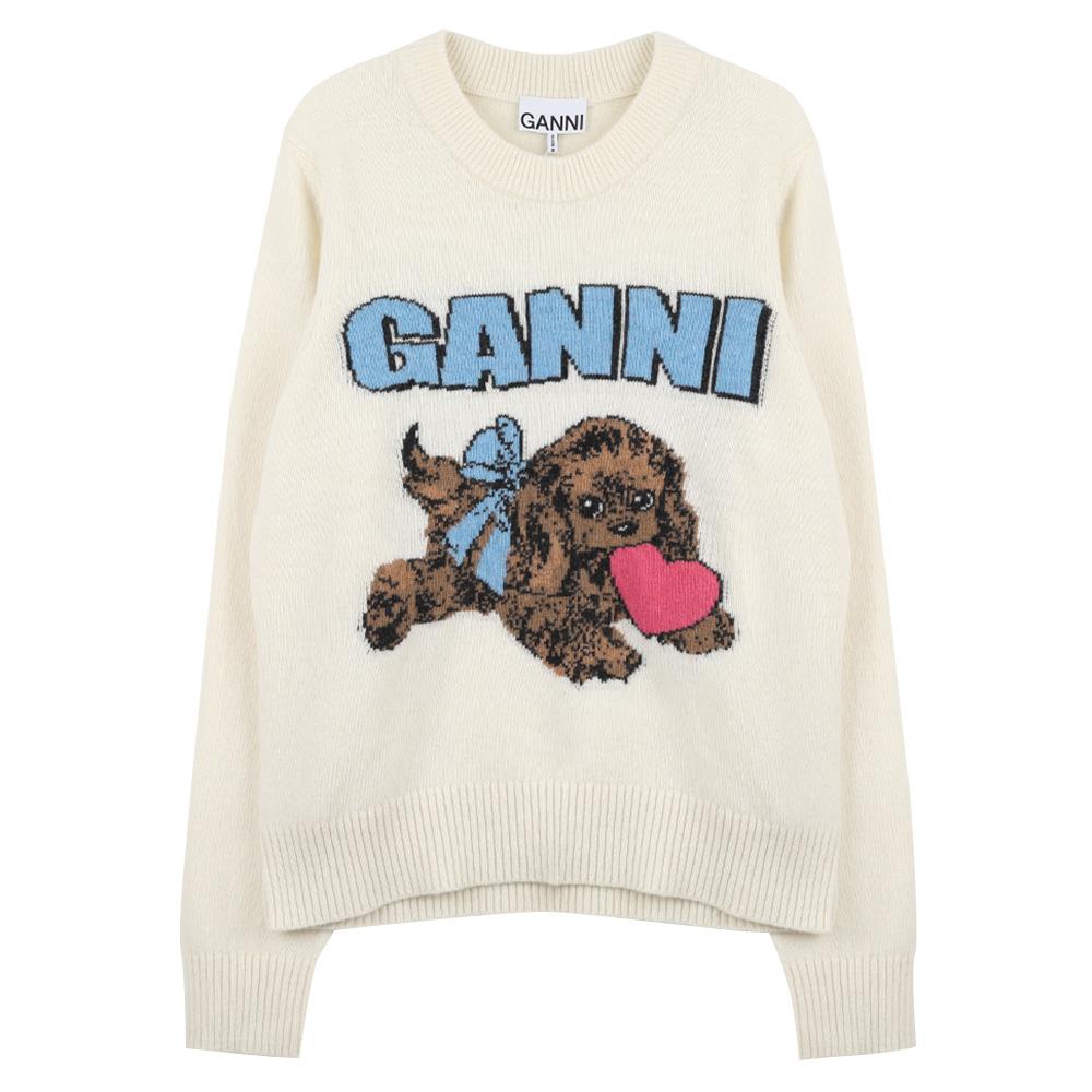 GANNI Ivory Puffed Wool Crewneck Sweater K2562135