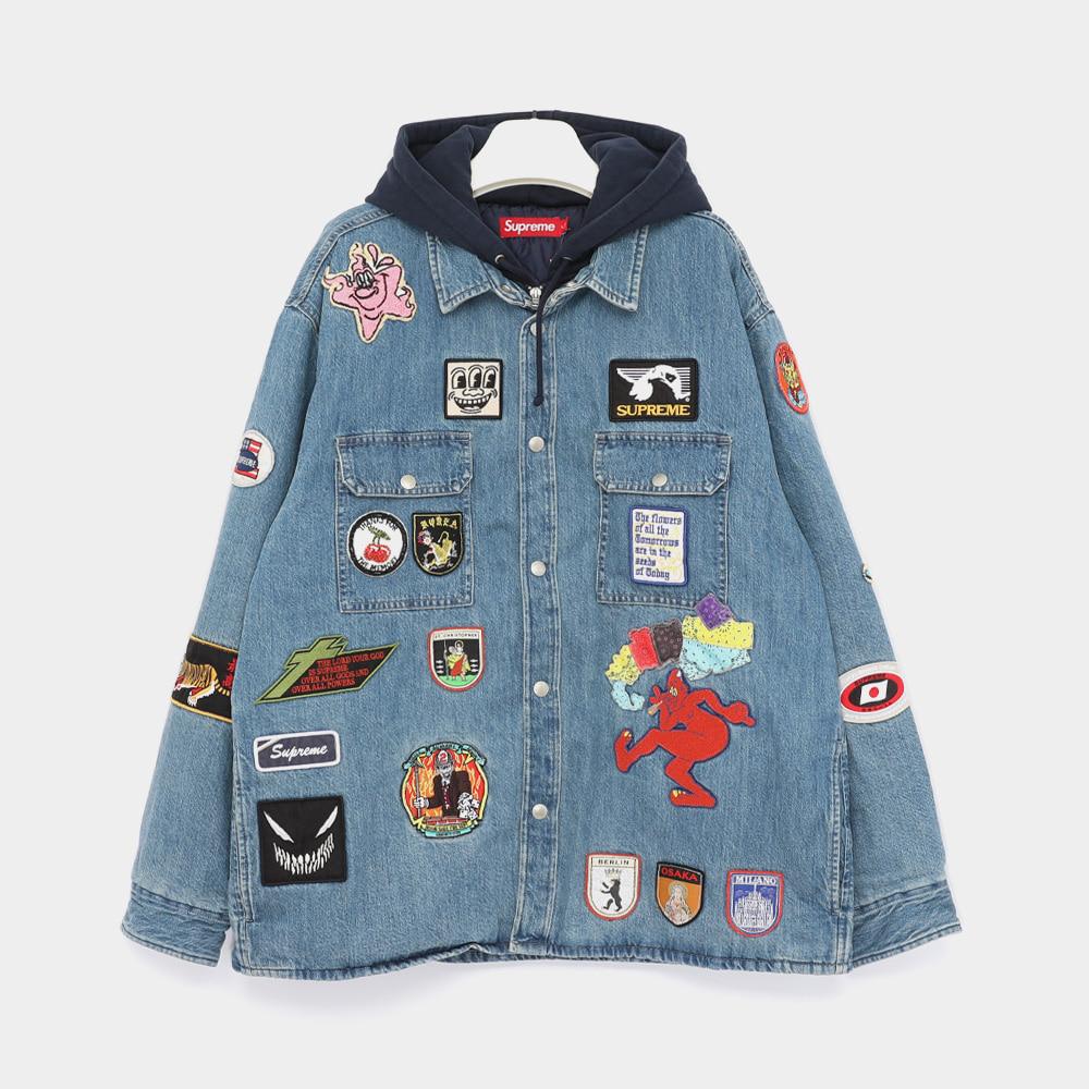 Supreme Patches Hooded Zip-Up Shirt Jacket for Men SS25S30 DENIM