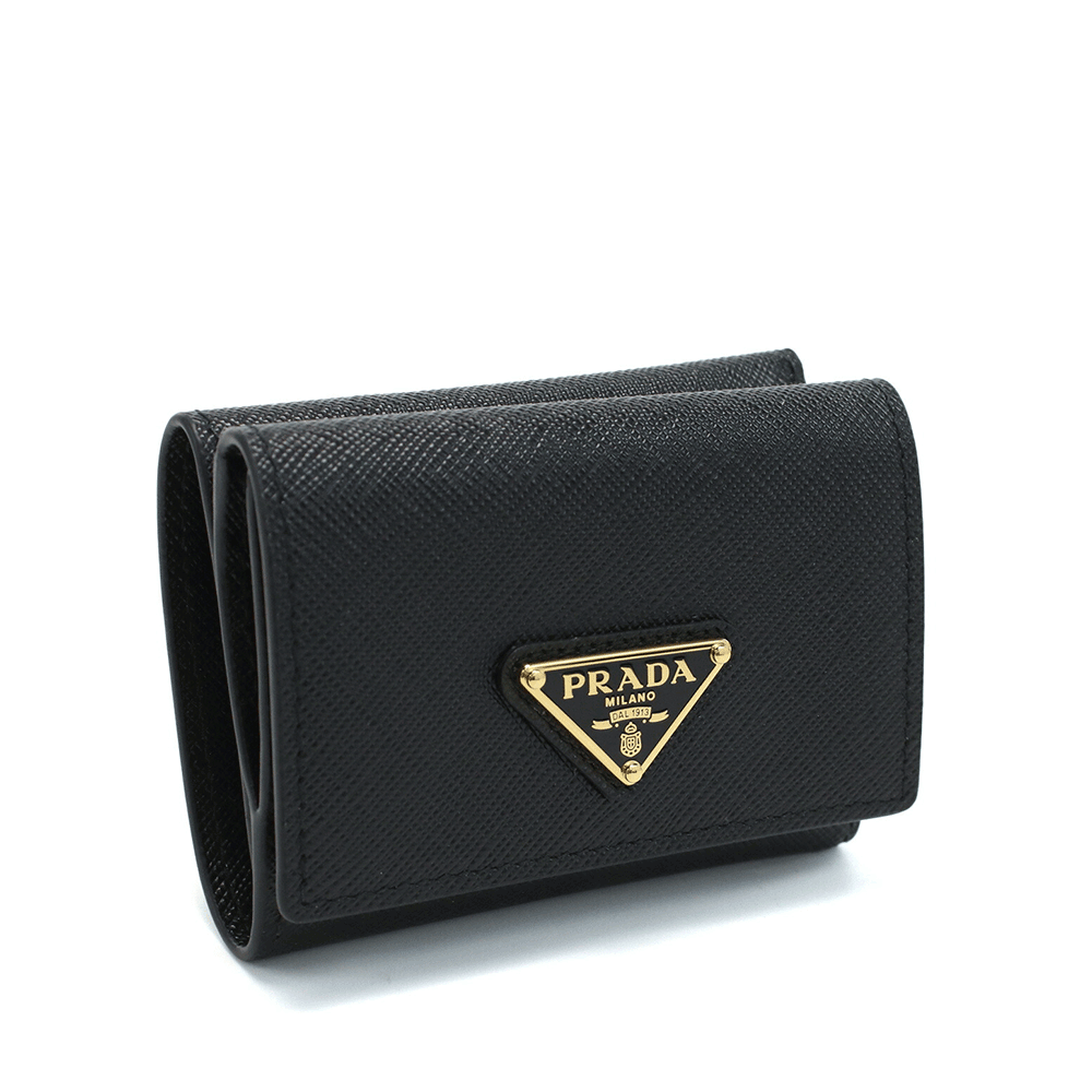 PRADA Black Saffiano Leather Triangular Logo Gold-Tone Women’s Wallet 1MH042 QHH