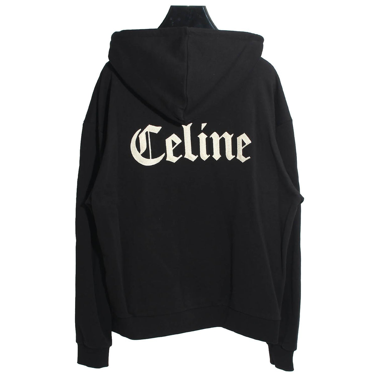 CELINE Black Cotton Fleece Embroidered Back Logo Zip Hoodie