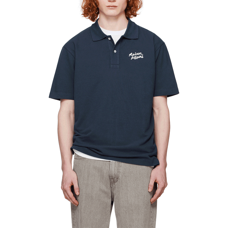 Maison Kitsune Handwriting Logo Short Sleeve Polo Shirt Navy MM00201 KJ7010 P476