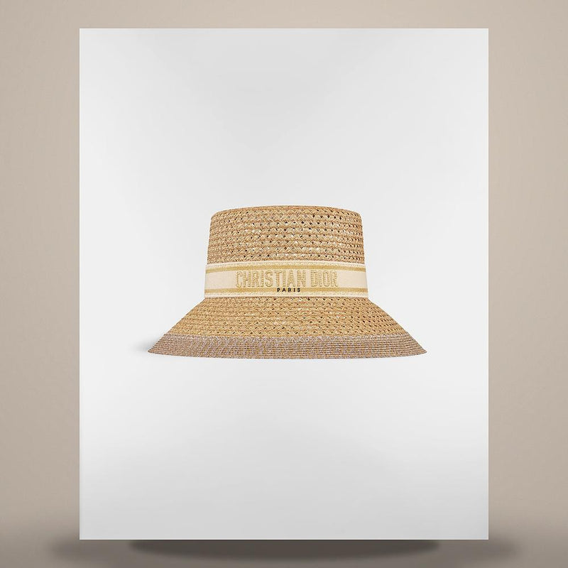 DIOR Ecru Wide Brim Straw Hat with Gold-Tone Embroidered Band