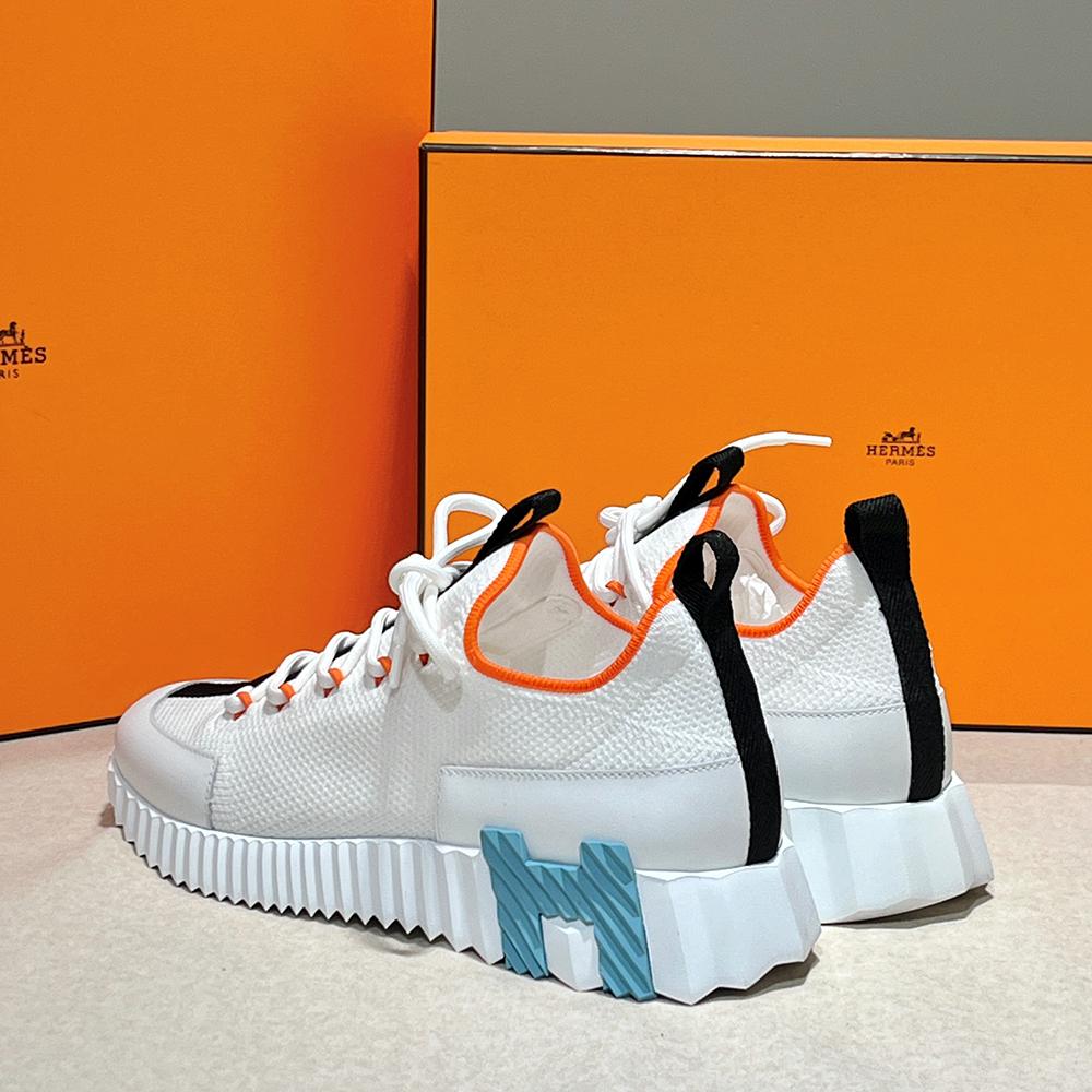 HERMES Lift Slip-On Sneakers Knit Calfskin White H Orange Sky