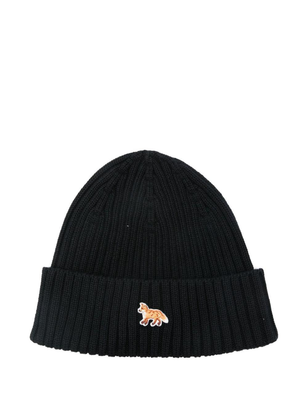 Maison Kitsune Rib Knit Beanie Hat Black Wool Men’s