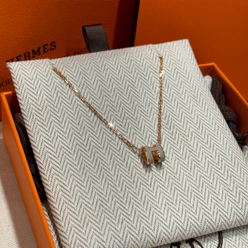 HERMES Mini Pop H Necklace Beige Rose Gold Unisex