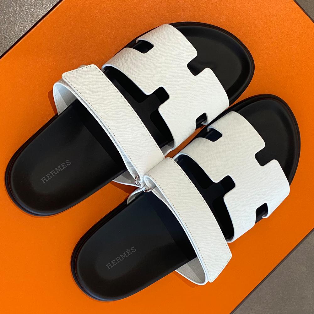 HERMES Chipre Epsom White Leather Men’s Sandals