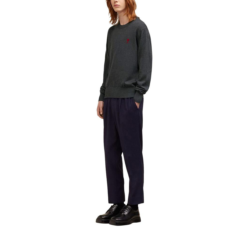 AMI Heart Logo Embroidered Unisex Crewneck Knit Sweater Gray