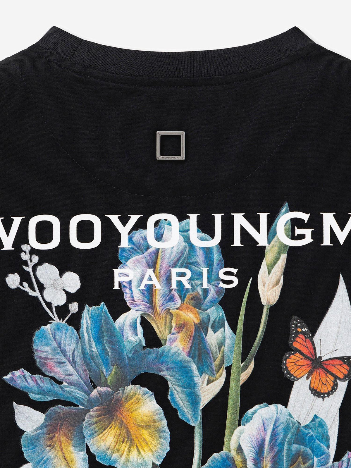 WOOYOUNGMI Black Flower Back Logo Round Neck Short Sleeve T-Shirt