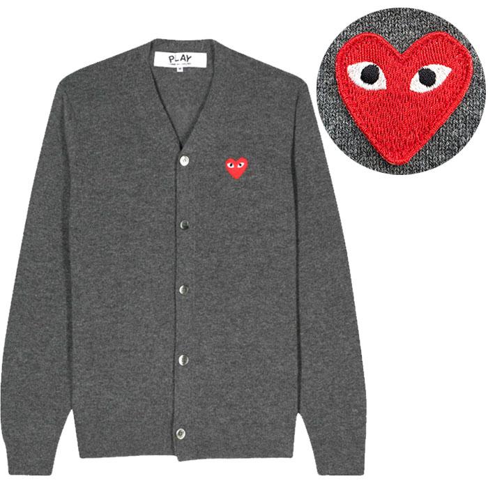 Comme des Garcons Grey V-Neck Cardigan with Red Heart Patch